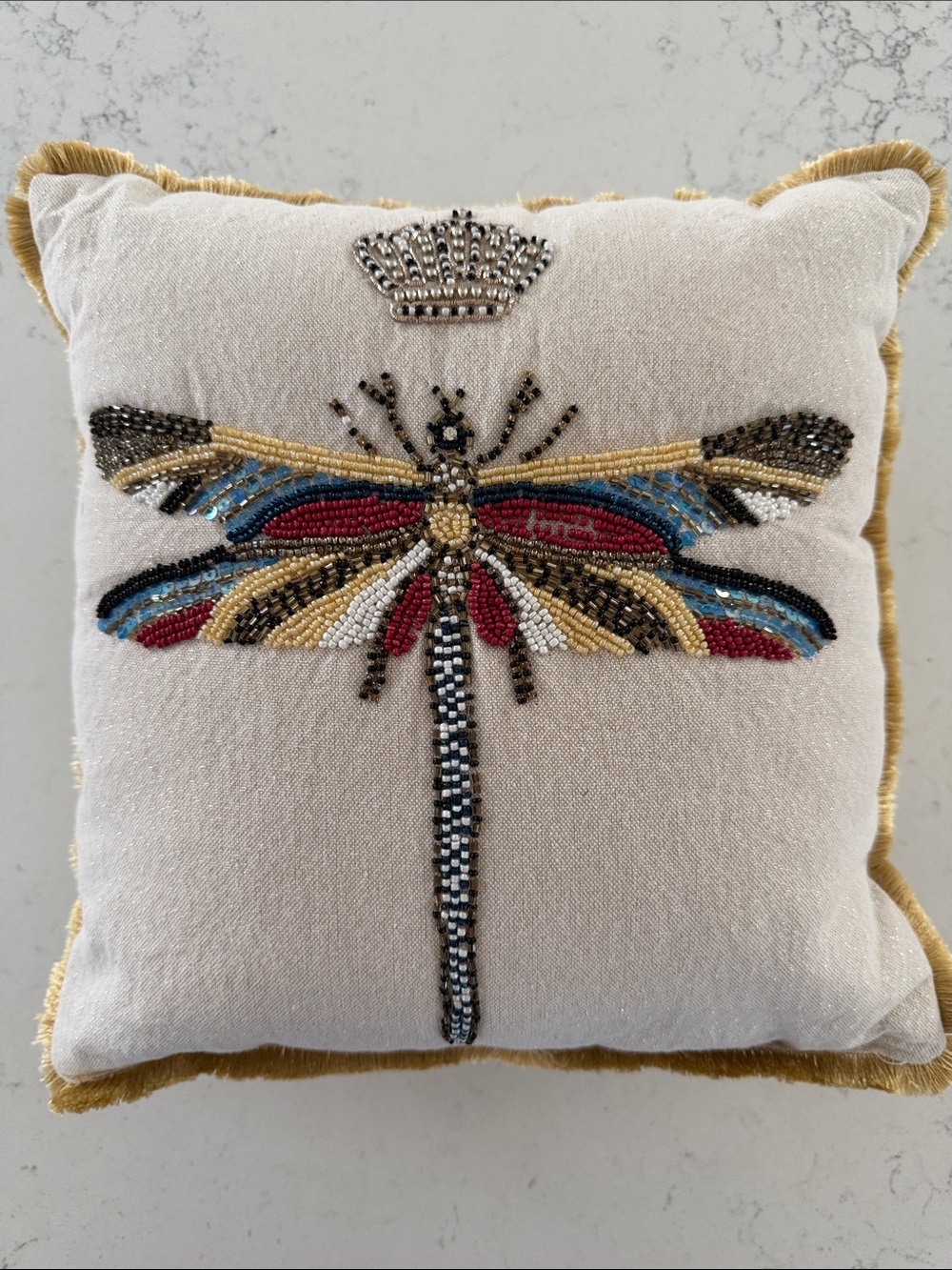 Beaded Dragonfly with Crown Decorative Throw Pillow - Cream with Gold Trim